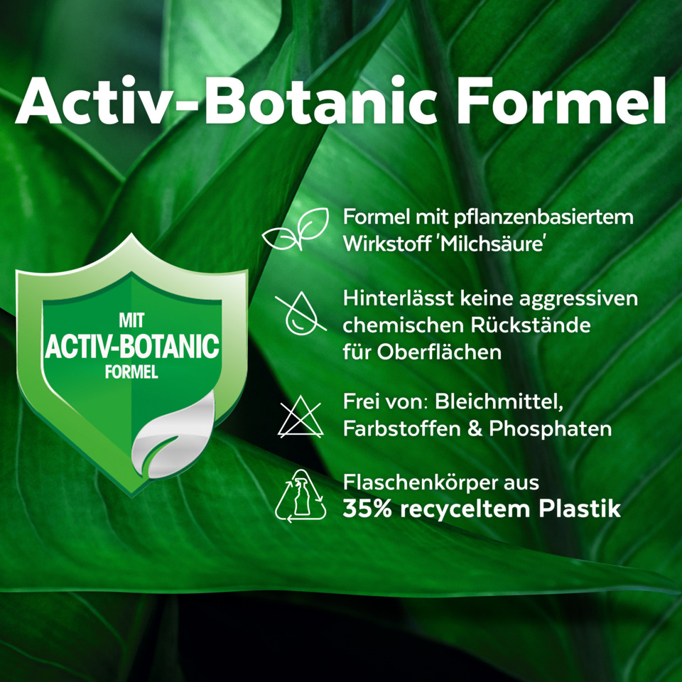 Aktiv-Formel, Bio-Formel, Pflanzenbasierte Wirkstoffe, 35% recyceltem Plastik, Flaschenkörper aus Plastik