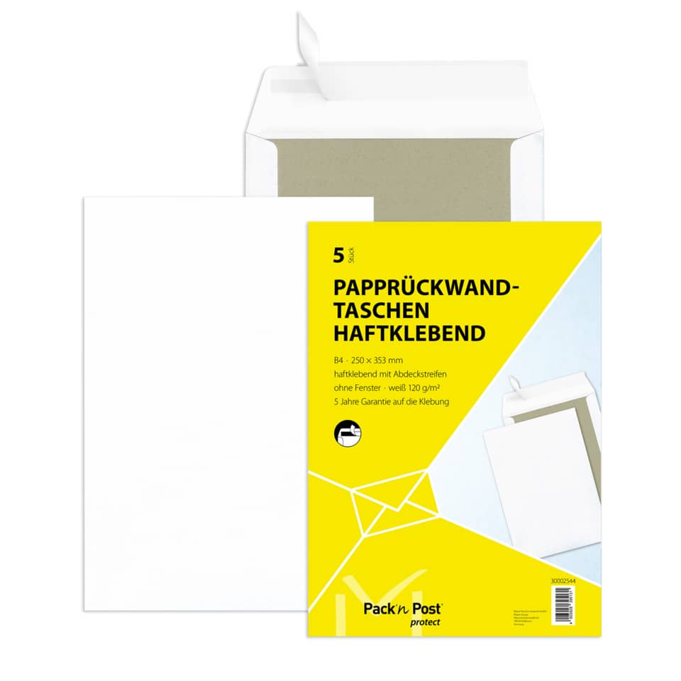 Papprückwandtaschen, Haftklebend, B4, weiß, Pack'n Post