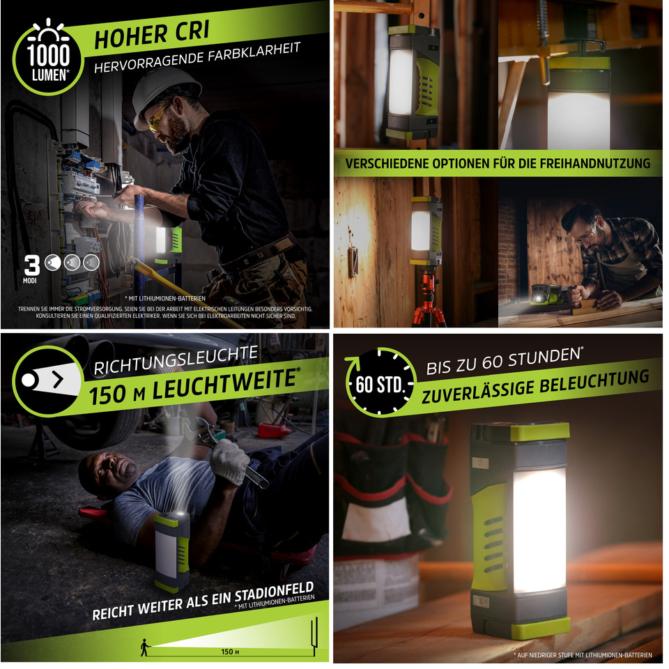 Arbeitslampe, LED-Lampe, Gehäuse grün, Lithium-Batterien, Tragbare Leuchte