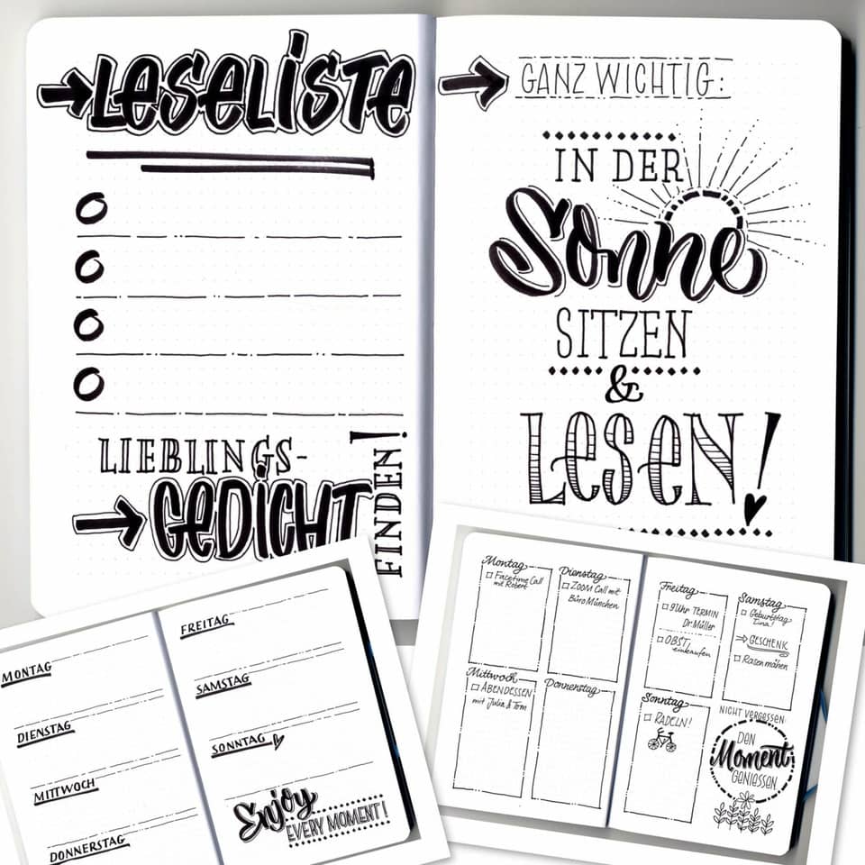 notizbuch, wochenplan, layout, schriftzug, design