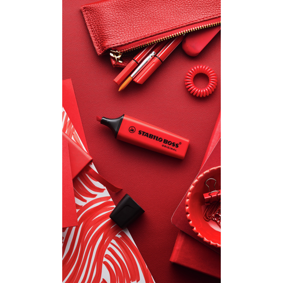 Klebeb|pen, Stabilo Boss, Fineliner, Rot, Zubehör
