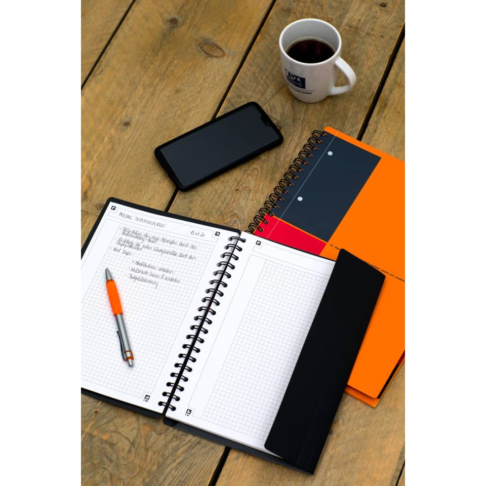 Notebook, Open spiral, Pen, Coffee mug, Smartphone