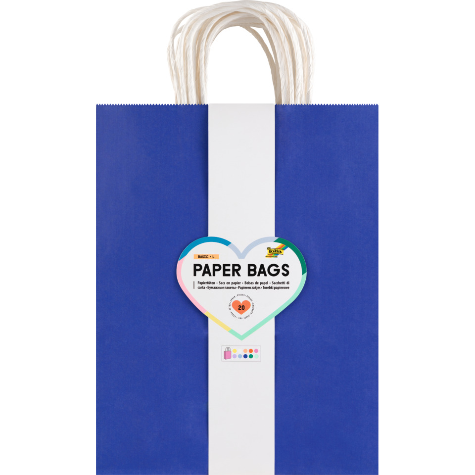 Paper bag, Blue bag, Gift bag, White handle, Herzaufkleber