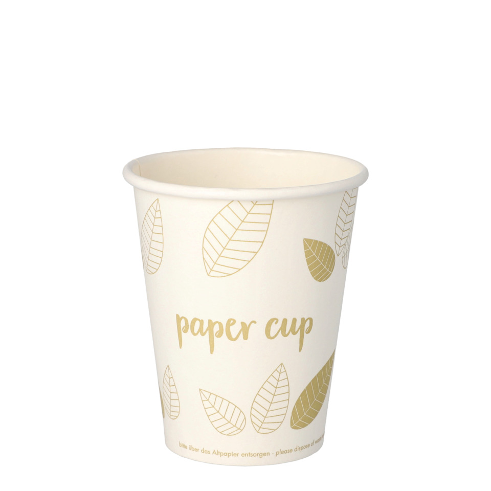 paper cup, einwegbecher, becher grob, blattmuster, kremfarben
