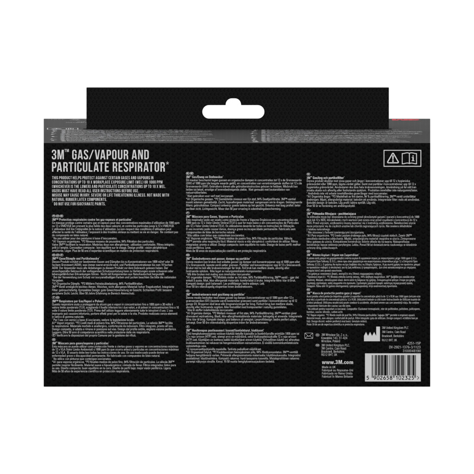 3M Atemschutz, Gasmaske, belüfteter Atemschutz, Verpackung, schwarze Verpackung