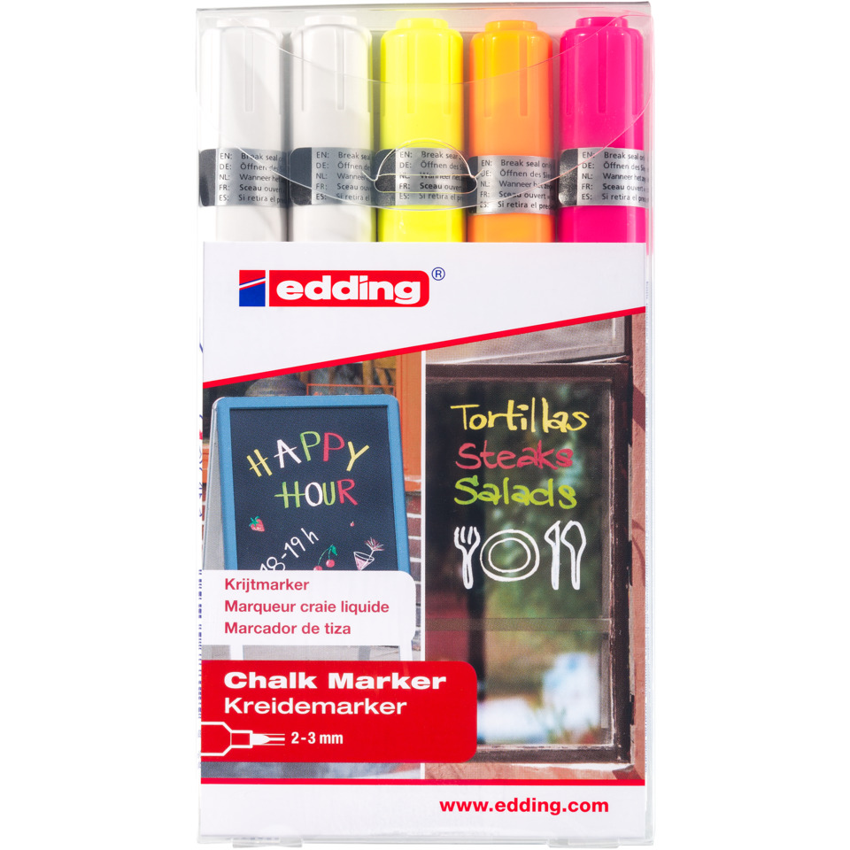 Chalk Marker, Marker Set, Neon Colors, 2-3 mm, Edding brand, Chalkmarker, Kreidemarker, Marker-Set, Markers in mehreren Farben, Mehrfarbige Marker