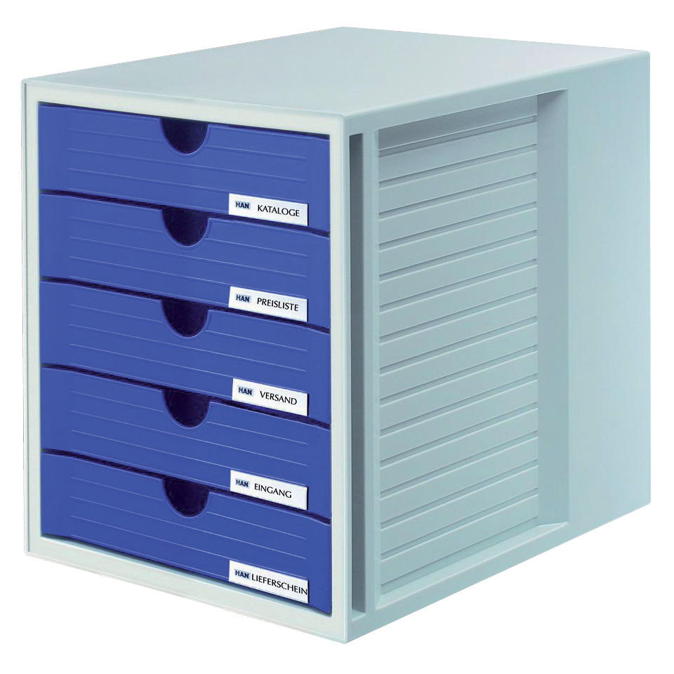 Schubladeneinheit, Werkzeugschrank, blaue Schubladen, Metallschrank, Beschriftungen sichtbar