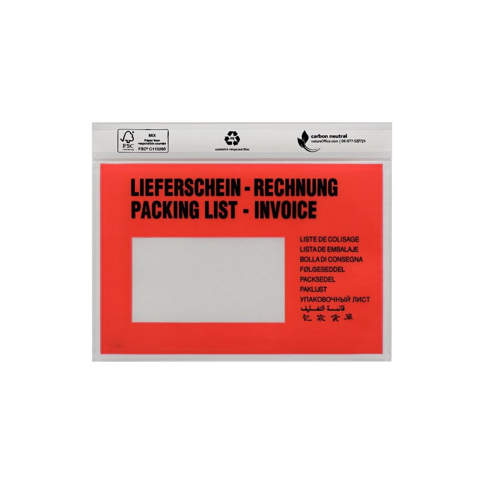  packing list, rechnung, tasche, roter aufkleber, transparente tasche