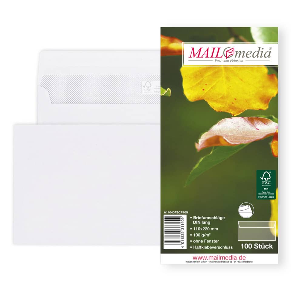 Briefumschläge, DIN lang, 100 Stück, weiß, FSC