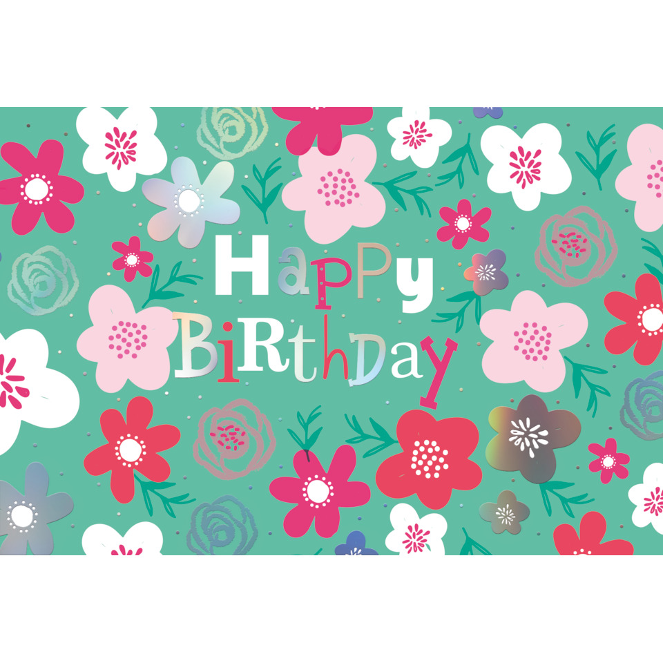 Geburtstagskarte, Blumenmuster, bunte Farben, Textgestaltung, Happy Birthday