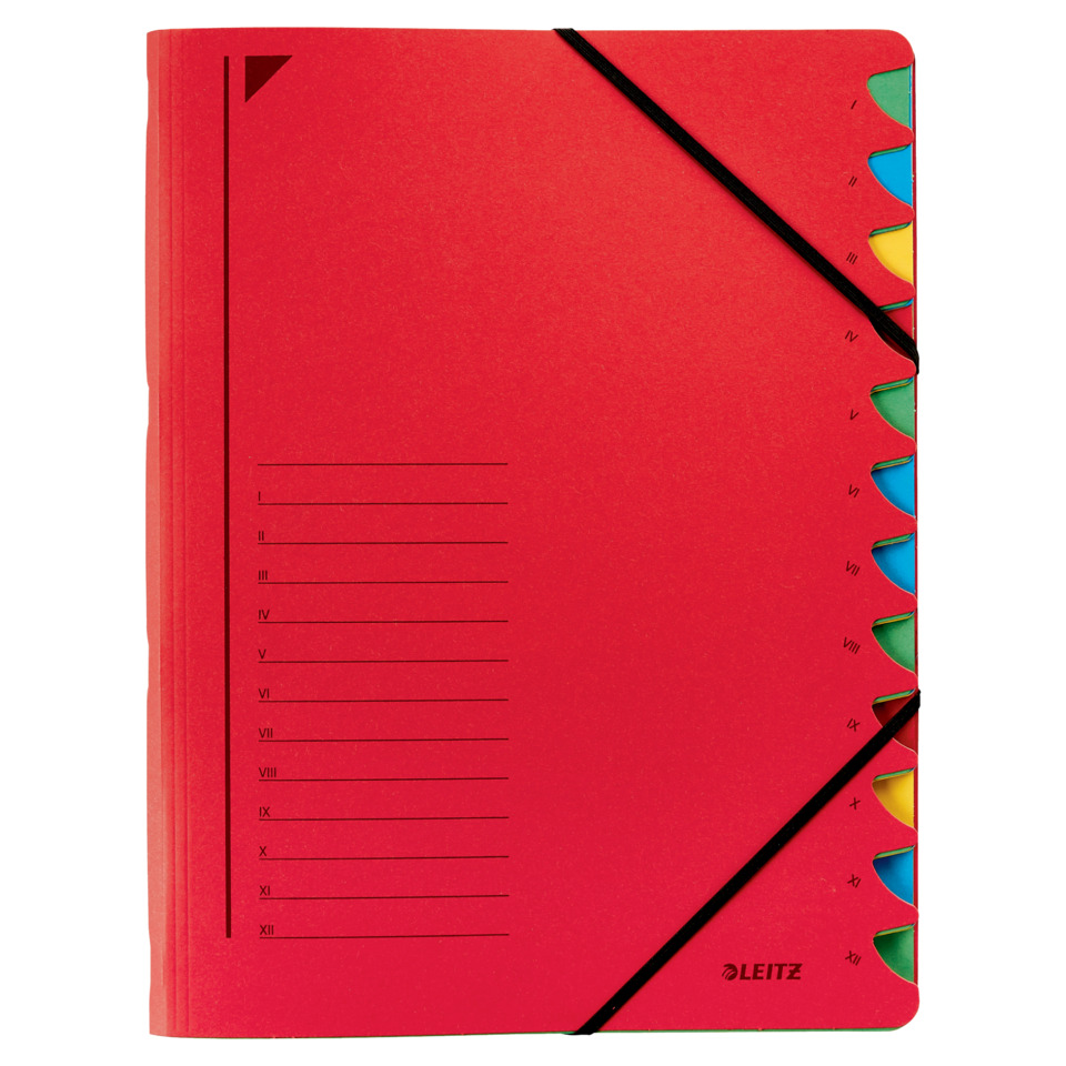 notebook, spiral-bound, red cover, elastic strap, colorful index tabs