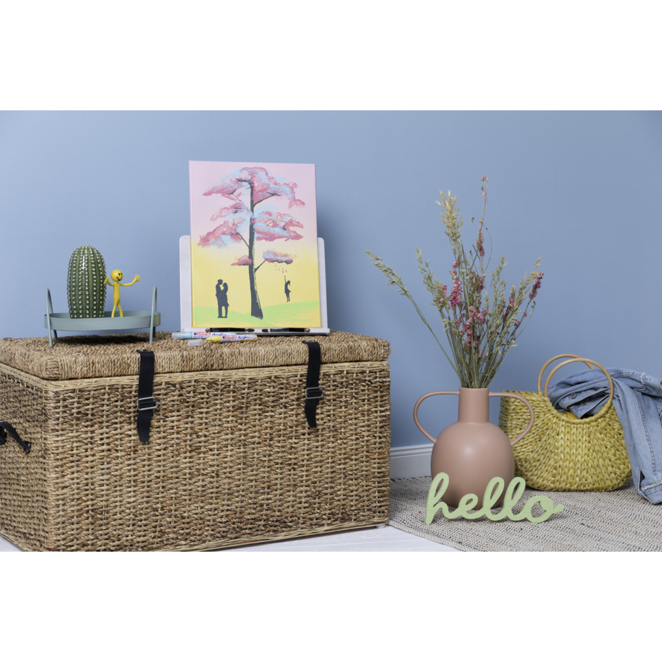 gewebter Koffer, Leinwandbild, Kaktus Topfpflanze, Vase, Hallo Schild