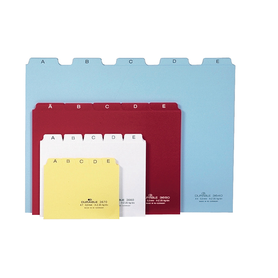 Datei-Ordner, Ordner-Tabs, Datei-Trenner, Farben, A5-A5+, Indexregister, bunte Registerkarten, Datei Registerkarten, farbige Papiertabs, A-E Beschriftung