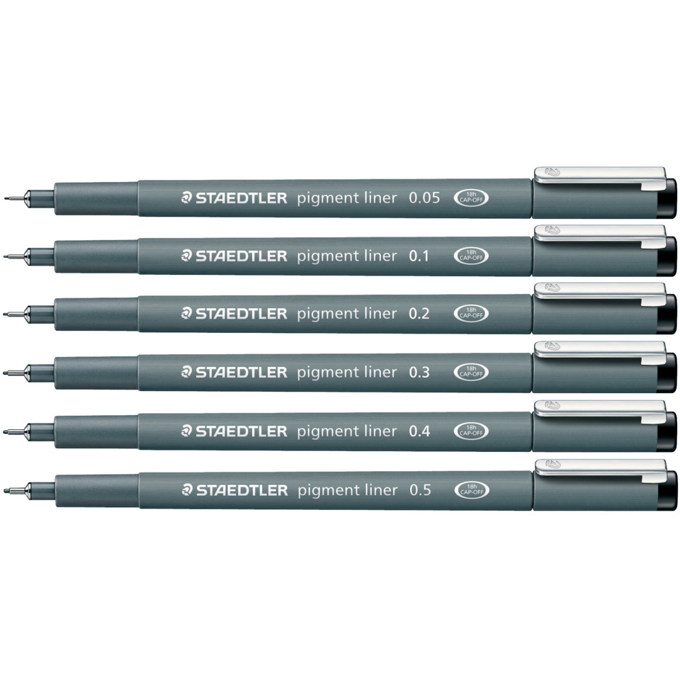 Pigmentlinier, Fineliner, Staedtler, 0.05, 0.1, 0.2, 0.3, 0.4, 0.5, Grau