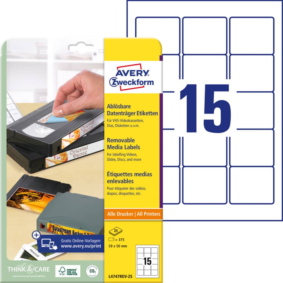 VHS-Cassette, Medienetiketten, Entfernbares Etikett, 15er Planer, Drucker-kompatibel