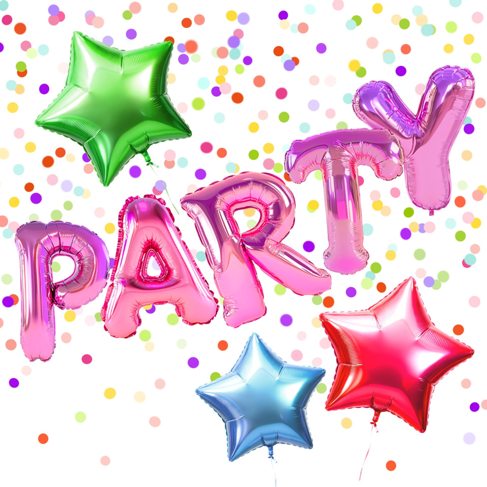 Luftballons, Sterne, Konfetti, Partydekoration, Ballonbuchstaben P-A-R-T-Y