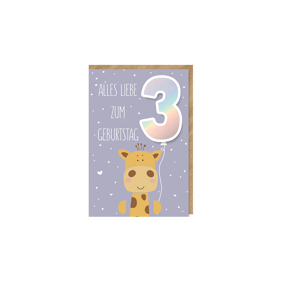 Geburtstagskarte, Giraffe, 3 Jahre, Luftballon, Kleines Geschenk