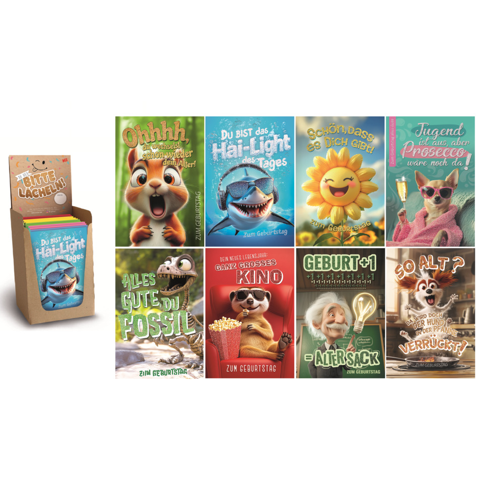 Kartenbox, Geburtstagskarten, Tiermotiv, Comic-Design, Prozessor Geburtstagsspiel