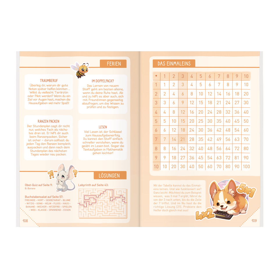 Mädchenheft, Lernheft, Lösungen, Bunte Seiten, Bienenmotiv