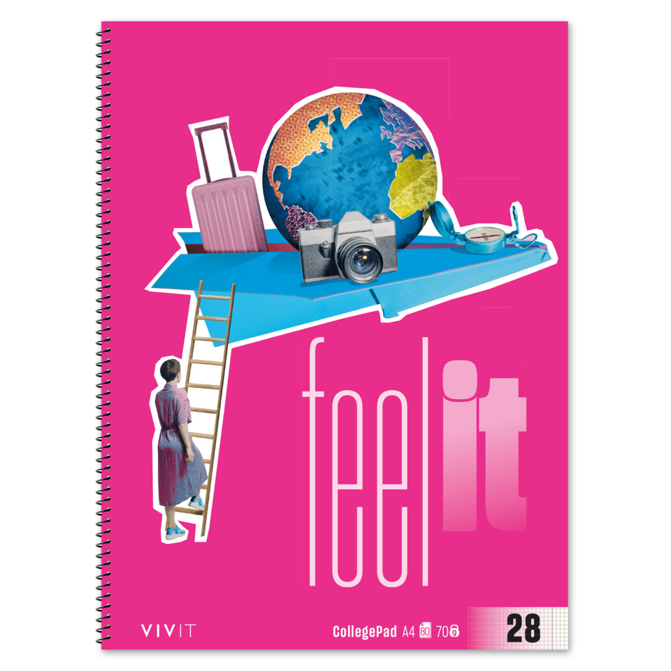 notebook, school supply, pink cover, camera, globe