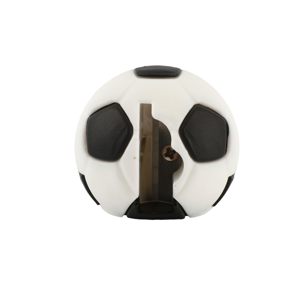 soccer ball cap, clip, white ball, black patches, metal clip