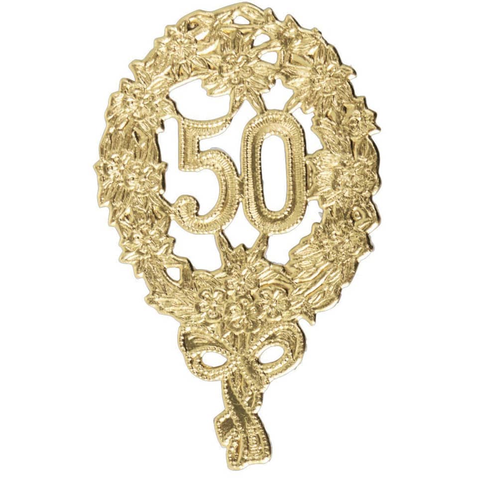 Gold, Medallion, 50th anniversary, Floral wreath, Decorative pin