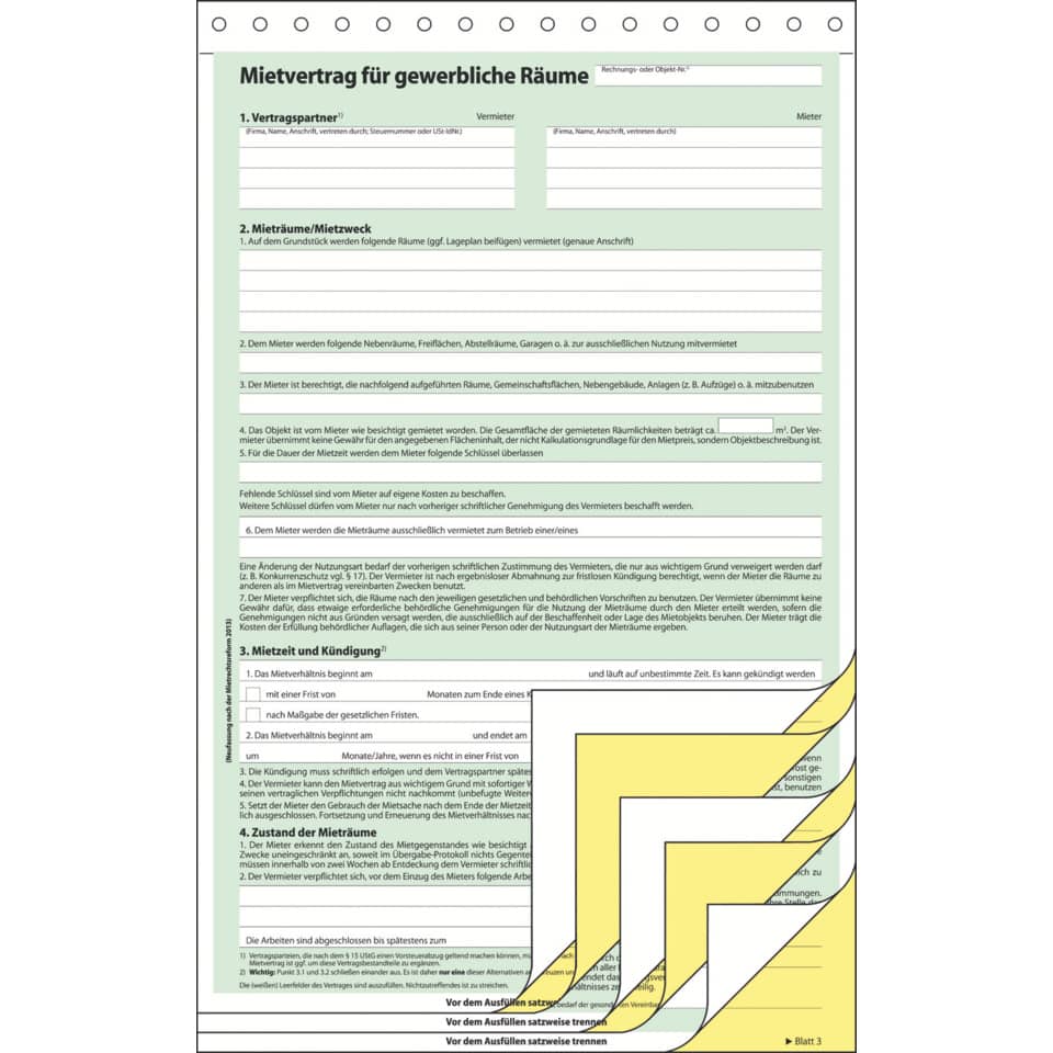 Mietvertrag, gewerbliche Räume, Vertragsformular, Untermietvertrag, Mietobjekt