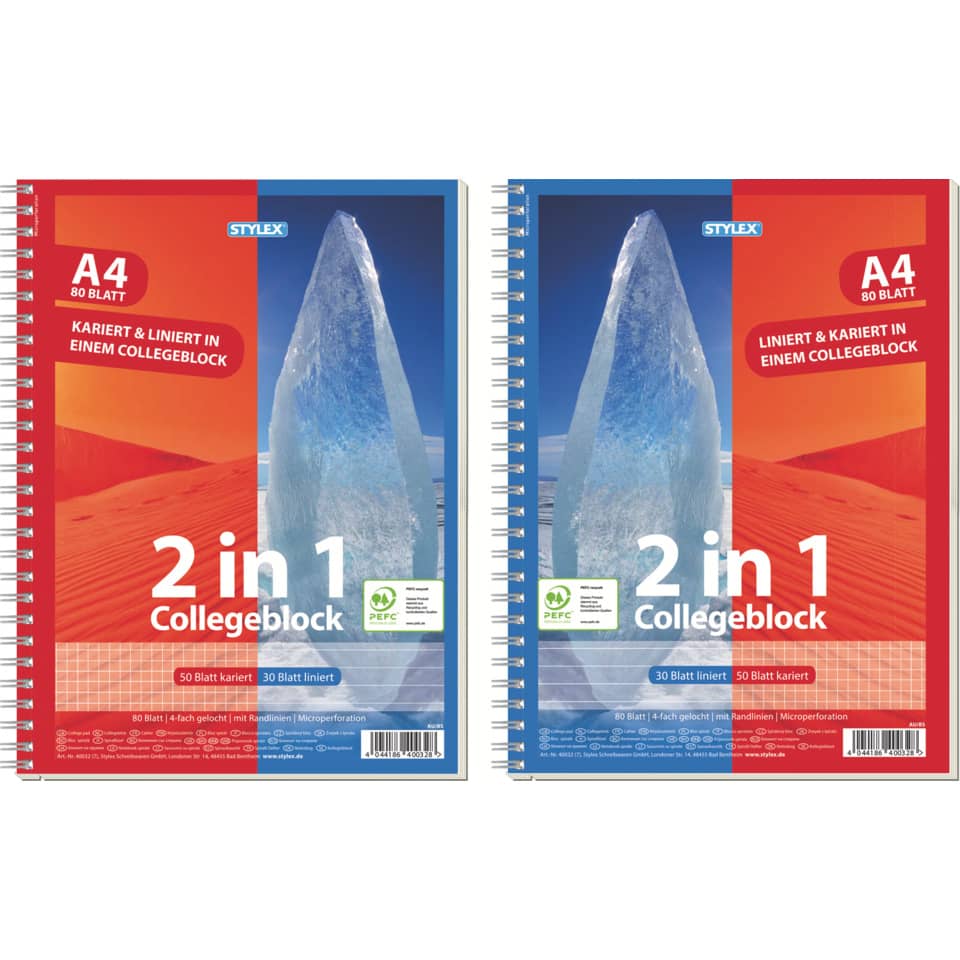 Collegeblock 2in1, A4, 80 Blatt, kariert/liniert STYLEX 40032A