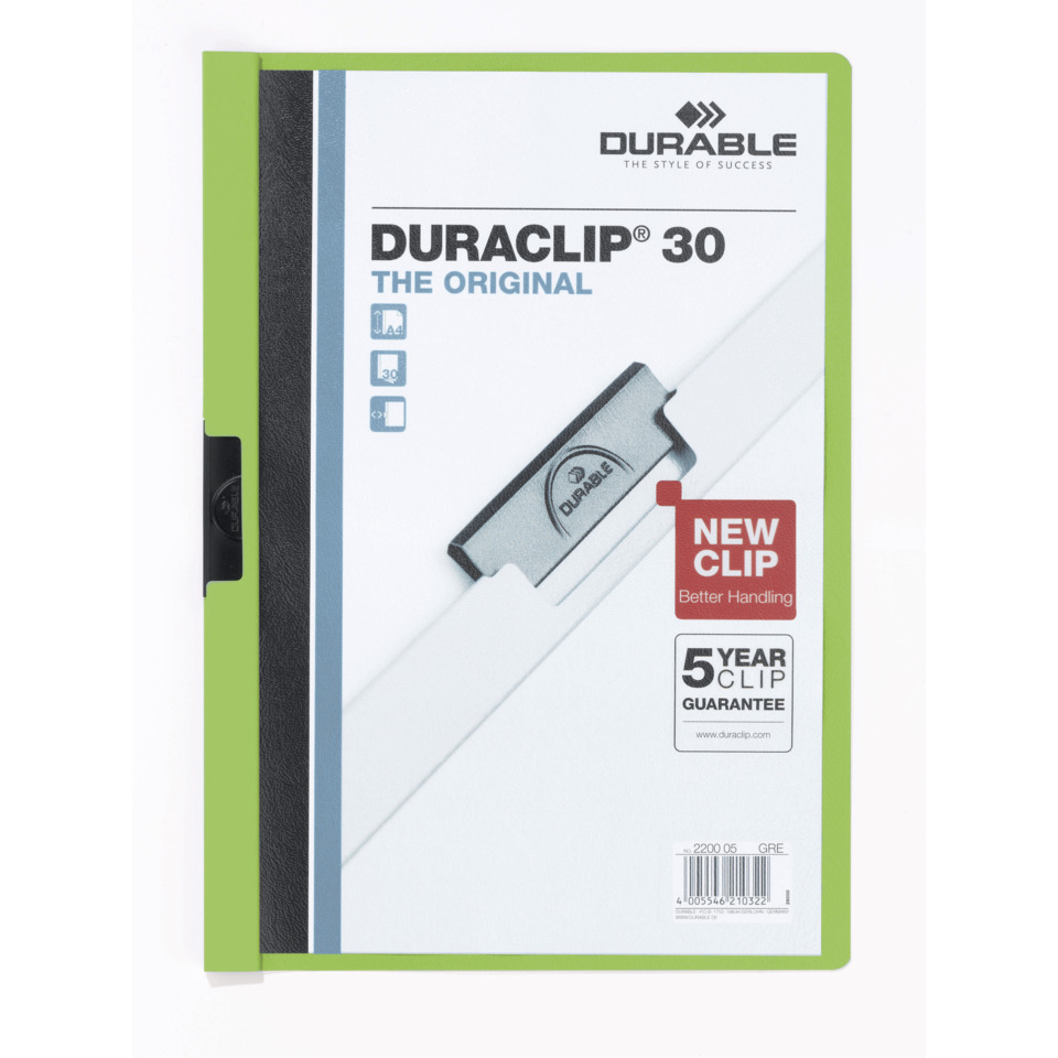 Klemm-Mappe DURACLIP® Original 30, Hartfolie, bis 30 Blatt, transparent/grün DURABLE 2200 05