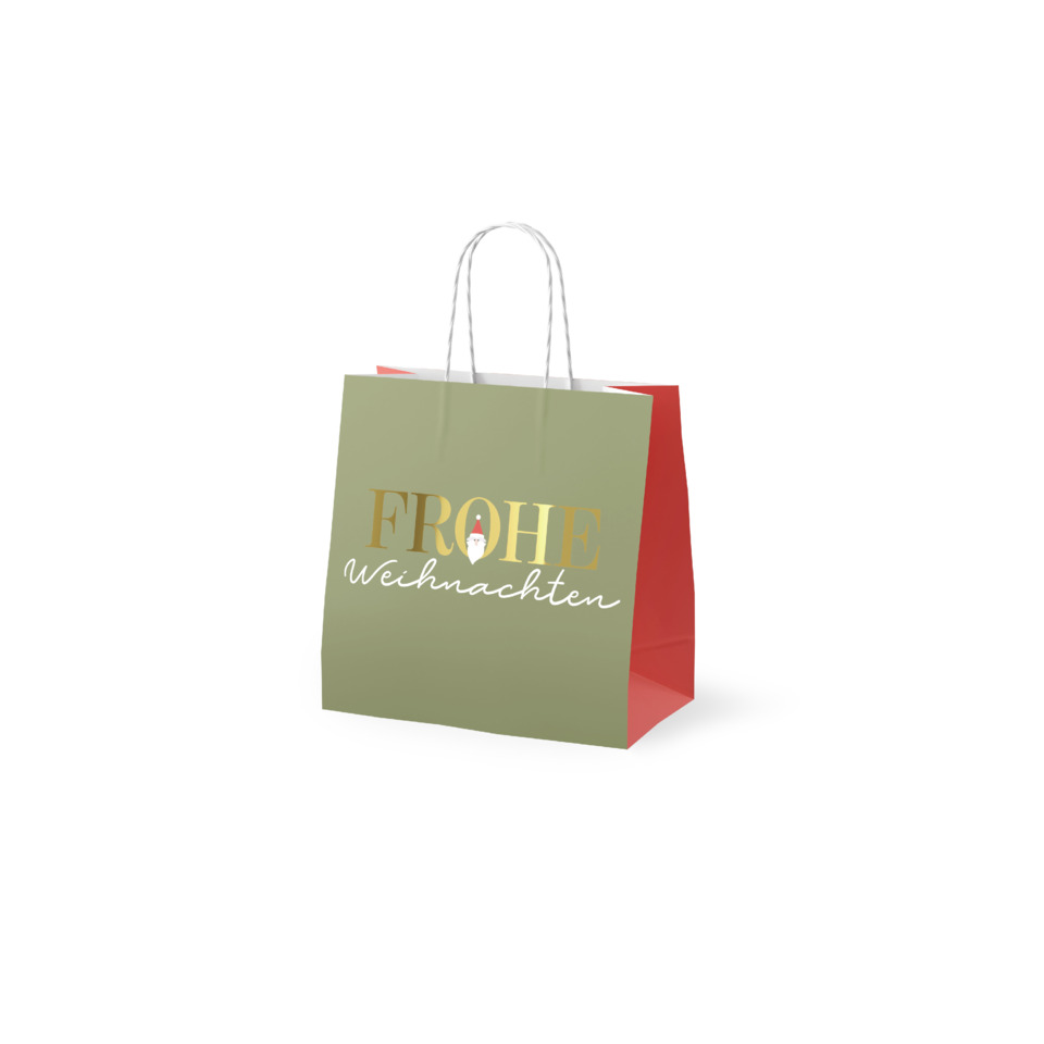 Geschenktasche, Weihnachtsdesign, Grau-grün, Drucktext, Kordelhenkel