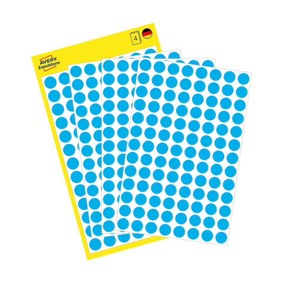 dot stickers, blaue Punkte, Aufkleberbogen, Aufkleberblatt, gelbe Verpackung