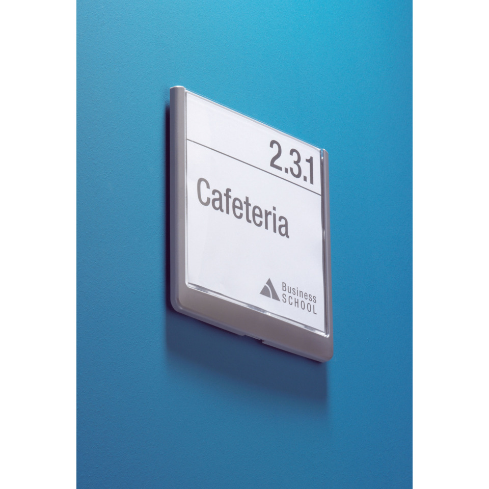 cafeteria sign, signage, blue wall, room number, business school