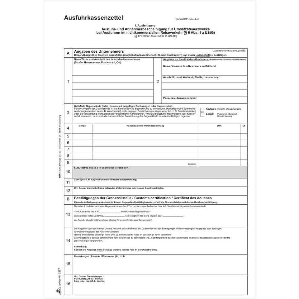 Kfz-Ausfuhrschein, Ausfuhrkassezettel, Zollformular, Zolldokument, Reiseformular