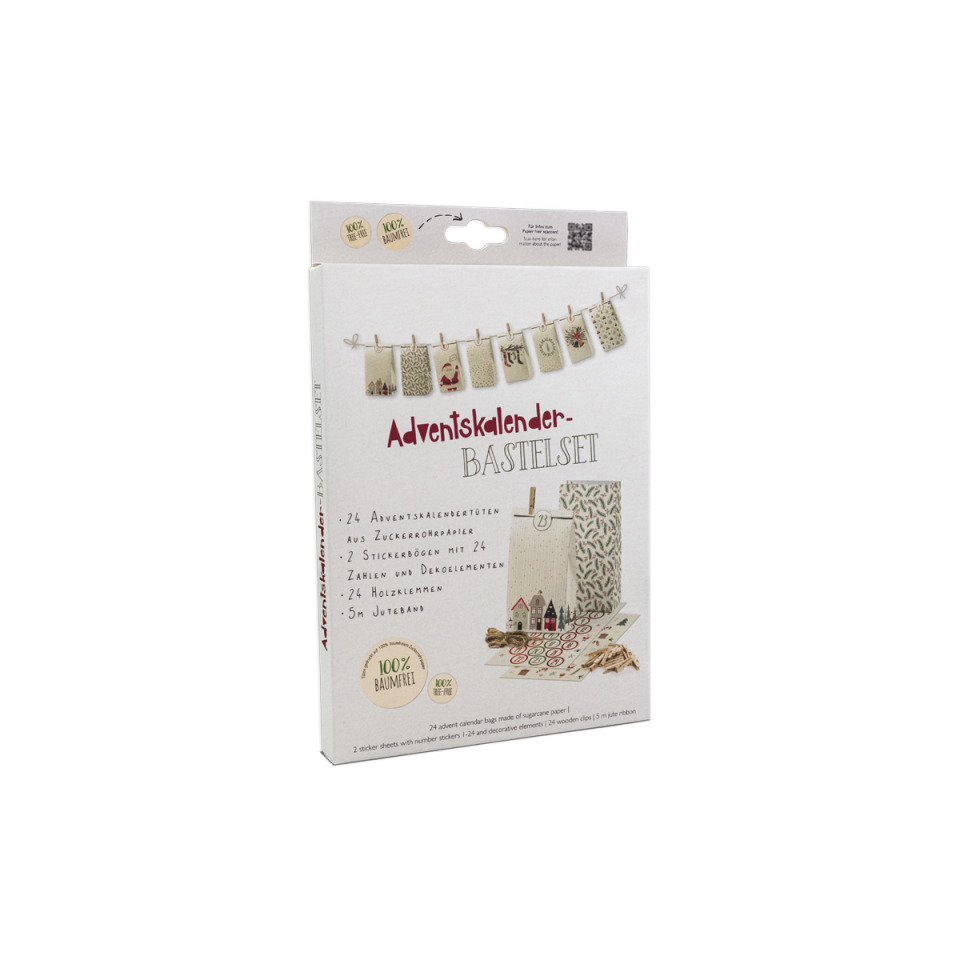 Advent calendar, Craft set, Sugarcane paper, Wooden cores, Jute ribbon