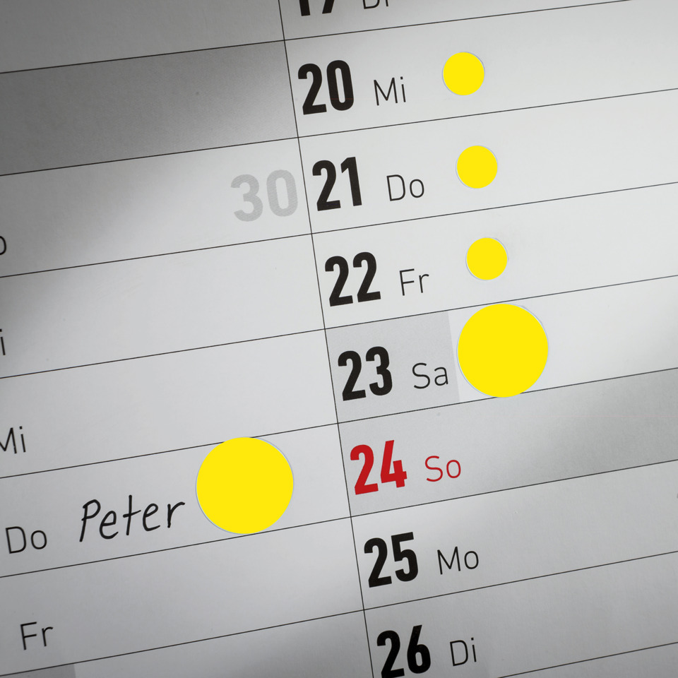 kalender, datum, woche, plan, gelbe punkte