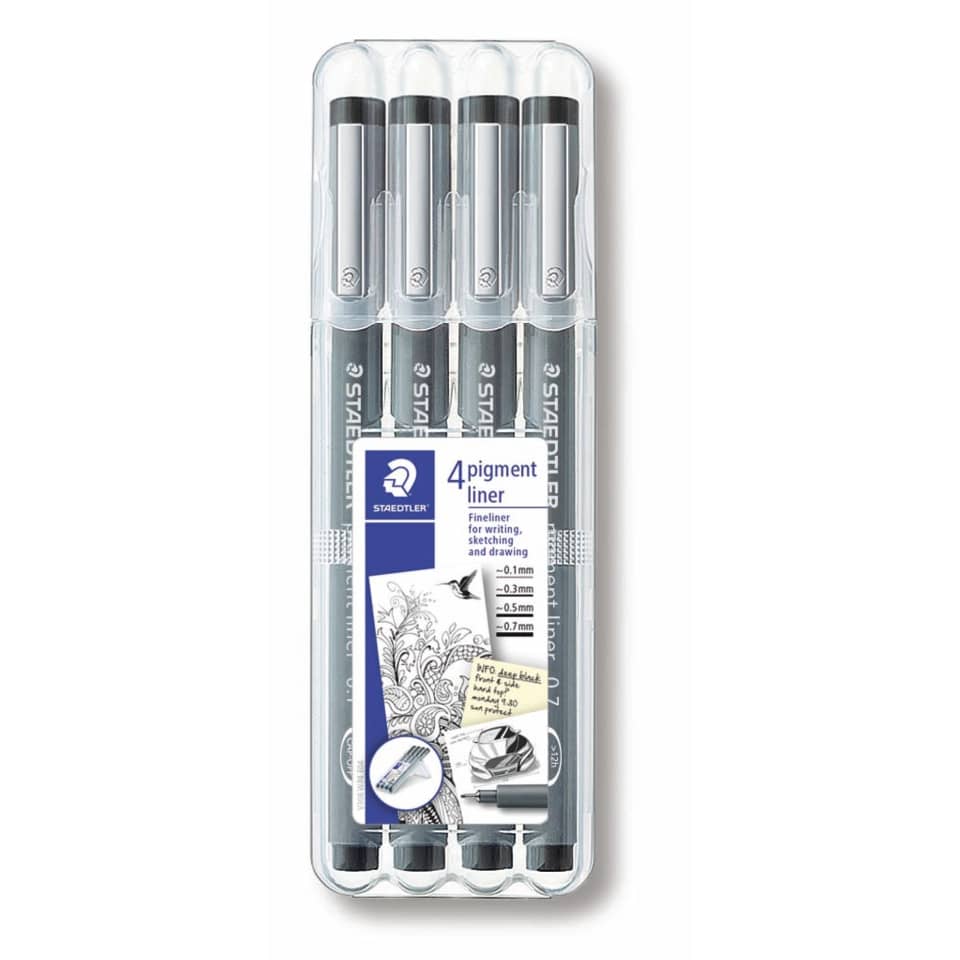 4-Pigment-Liner, Fineliner-Set,  Zeichenstifte, Metallgehäuse, transparente Kappe