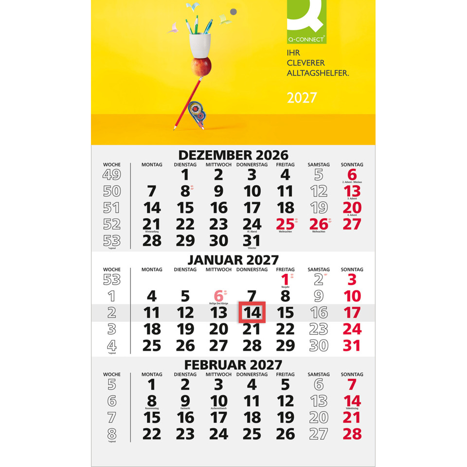 Kalender, Kalenderblatt, Dezember 2026, Januar 2027, Februar 2027