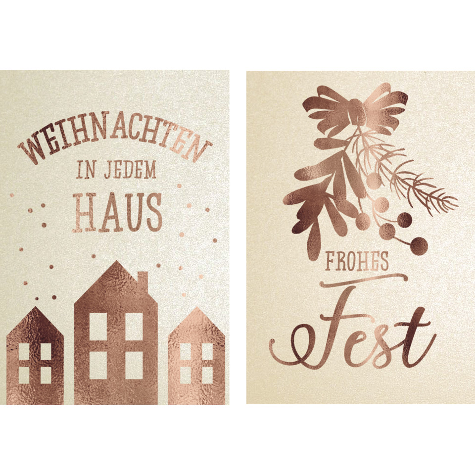 weihnachtskarte, weihnachtsdeko, häuser, zweiteilig, festliche schrift