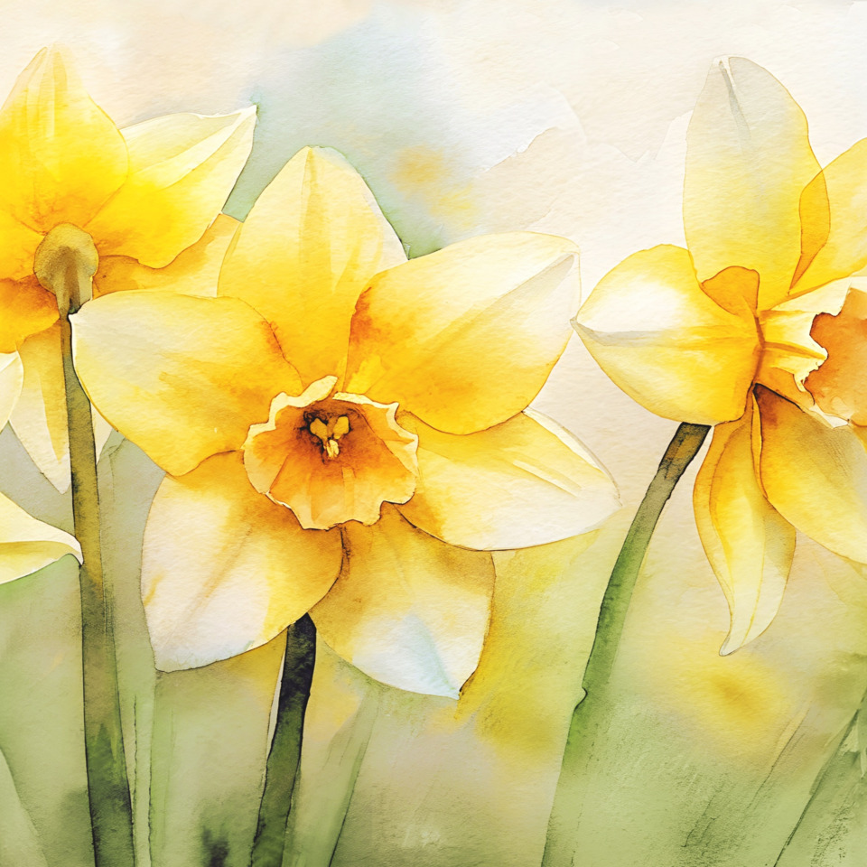 daffodils, gelbe blumen, aquarell, blumenkunst, botanische malerei