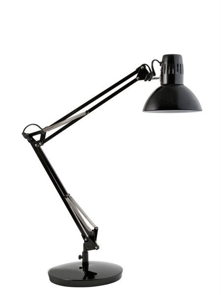 LED-Tischleuchte mit Doppelgelenkarm und Schwenkkopf, schwarz, runder Sockel und Schraubzwinge