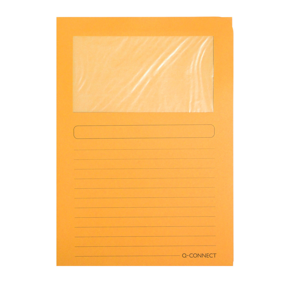 orange folder, notepad, plastic window, lined pages, Q-CONNECT