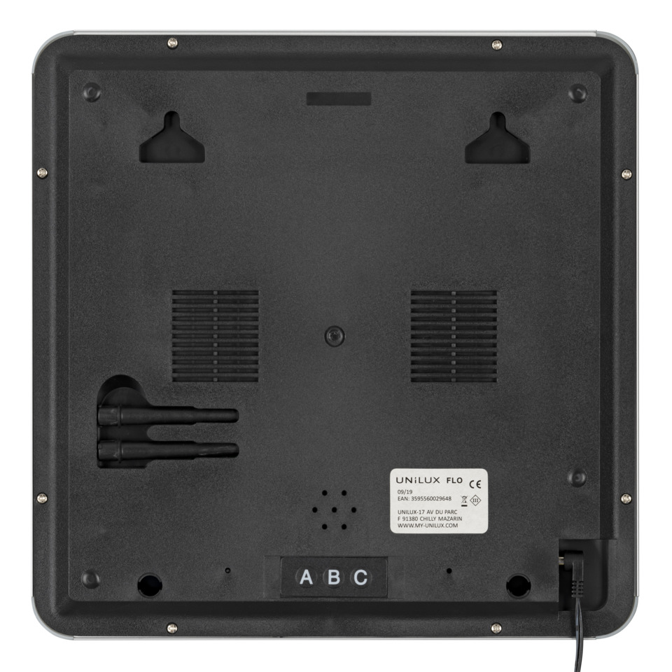wand-aufhängiger Monitor, Rückseite, Netzstromkabel, Belüftungsöffnungen, A B C Beschriftung
