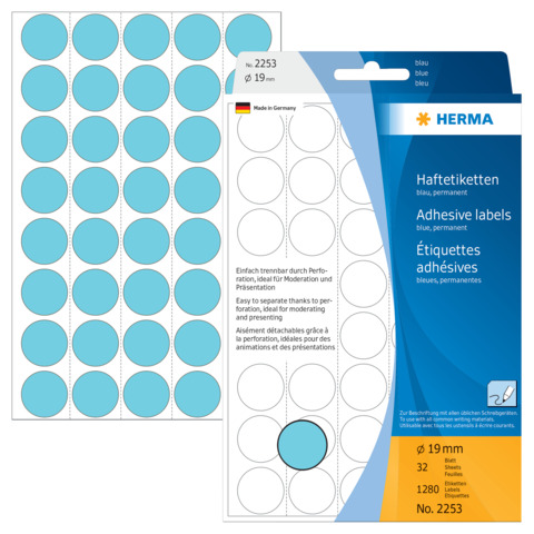Etiketten permanent, Ø19mm, 1280 Stück, blau HERMA 2253