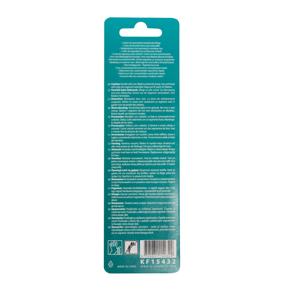 Schneidwerkzeug, Klingenmesser, Sicherheitshandschuh, Türkises Verpackungsmaterial, Barcode-Etikett