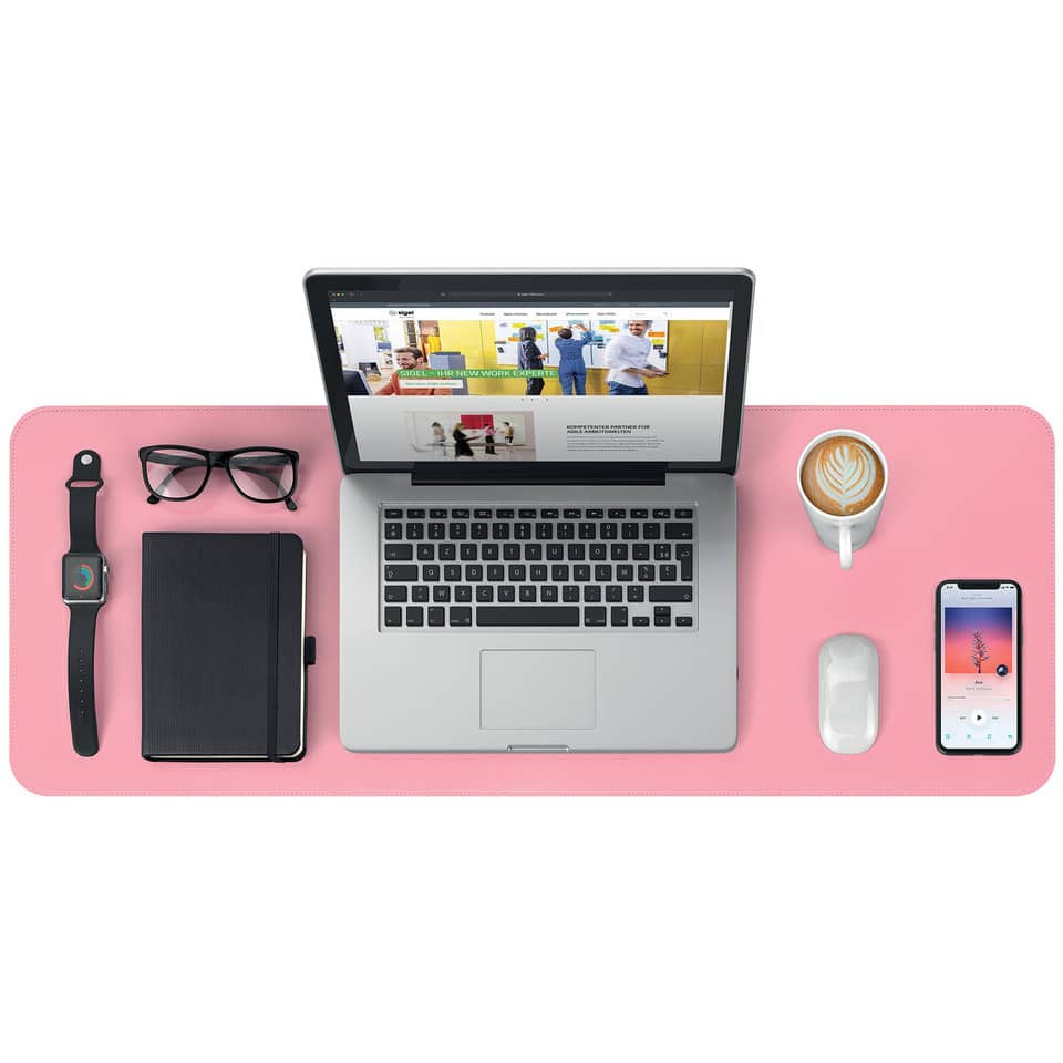 laptop, desk setup, pink desk mat, smartwatch, glasses