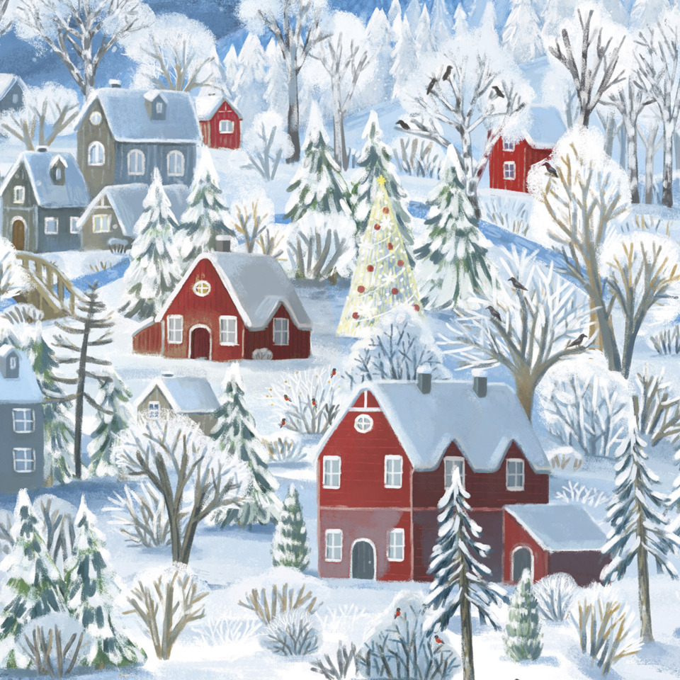 winter, dörfer, schnee, rote häuser, weihnachtsbaum