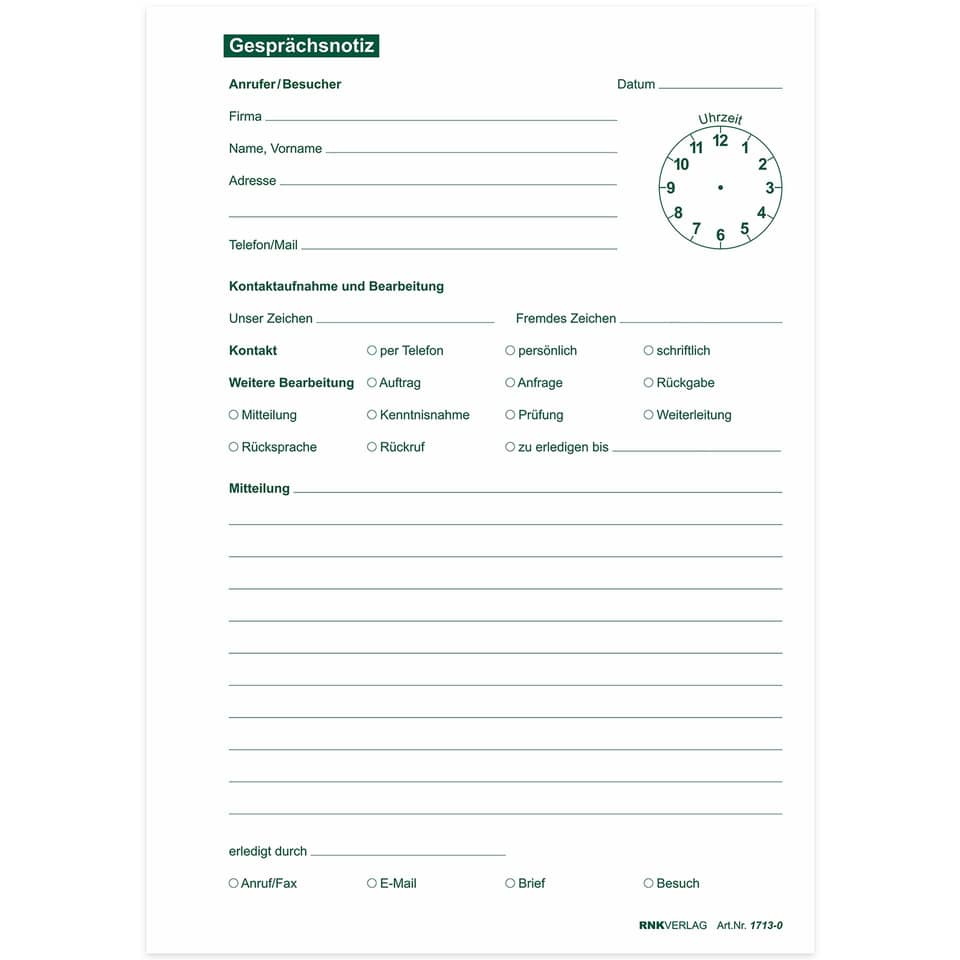 Gesprächstnotiz, Notizblatt, Formular, Kopfzeile, Uhr