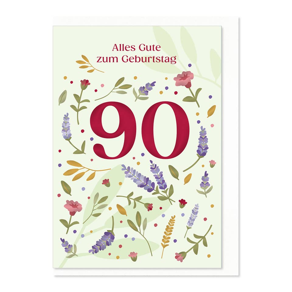 Geburtstagskarte, 90. Geburtstag, Blumenmuster, Rote Zahl, Grußkarte