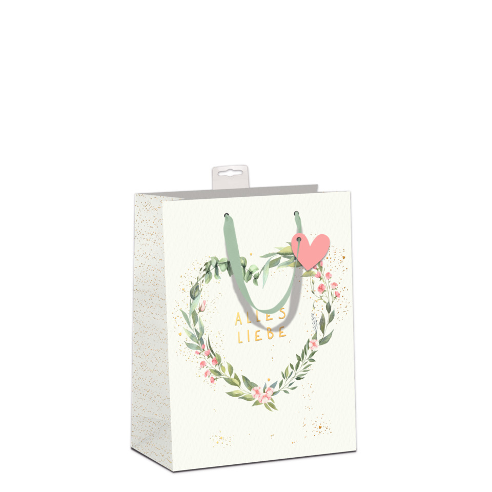Geschenkverpackung, Tragetasche, Herzblumen, Blätterkranz, Alles Liebe