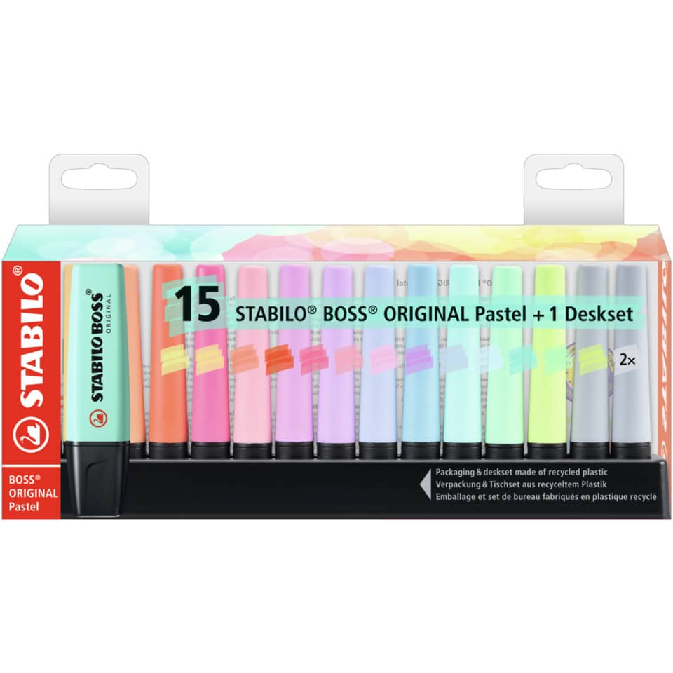 Pastellmarker, Klebemarker-Set, 15 Farben Marker, Stabilo Boss, Pastellstifte